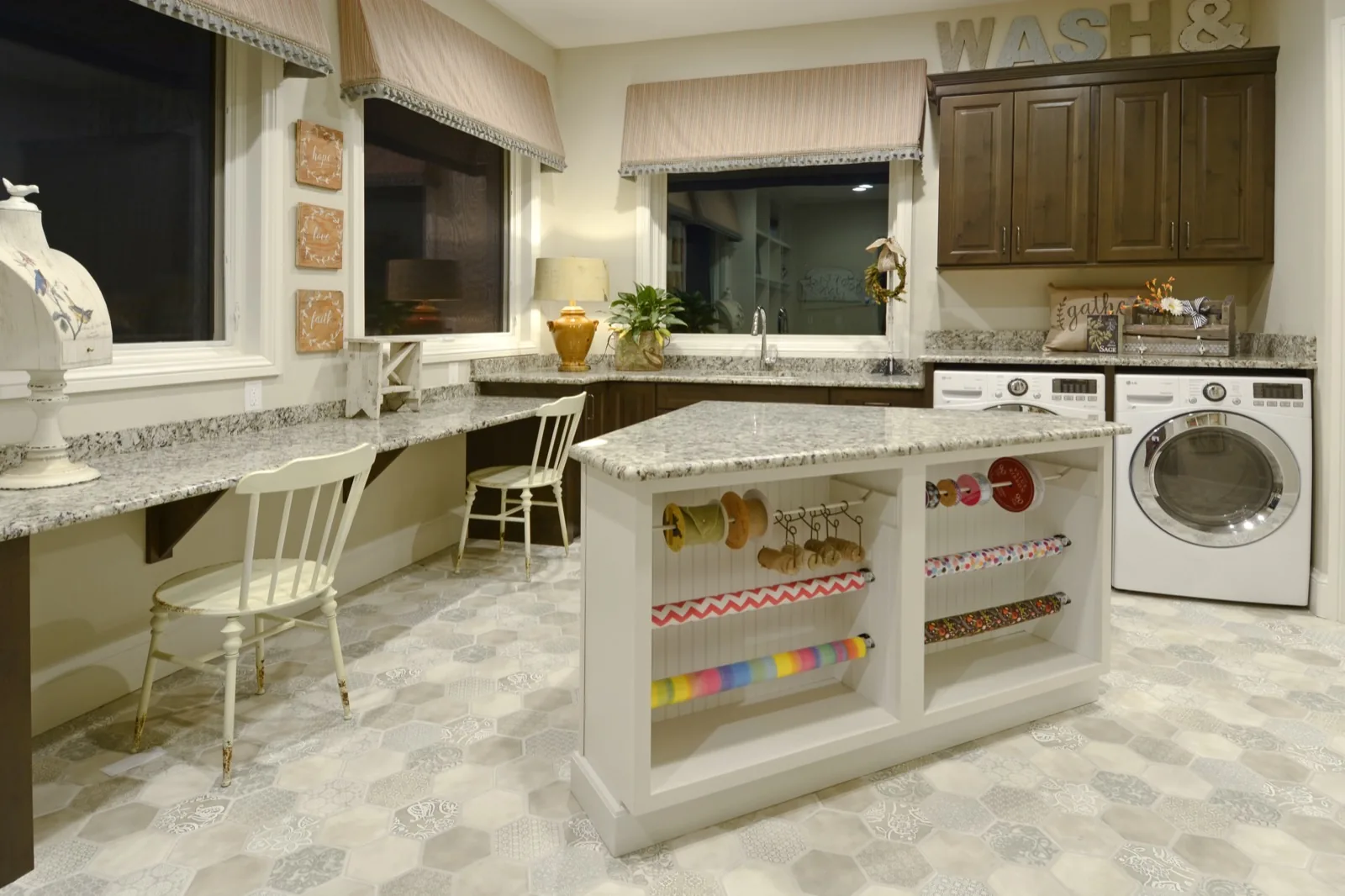 A craft and laundry room with a wrapping station and built-in storage